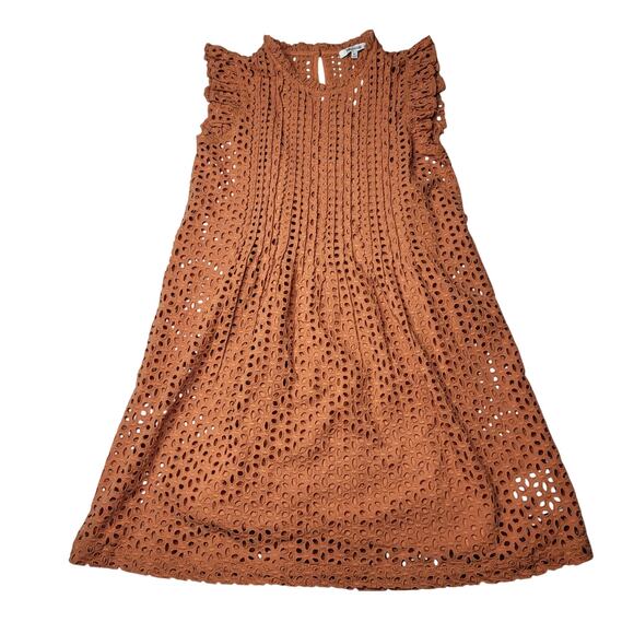 Madewell Eyelet Ruffle Sleeve Pintuck Mini Dress Mulled Cider Orange Layered XS - Picture 3 of 9